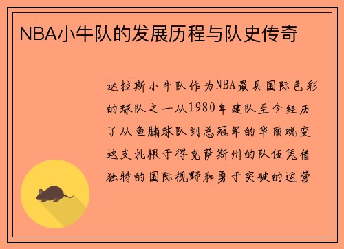 NBA小牛队的发展历程与队史传奇